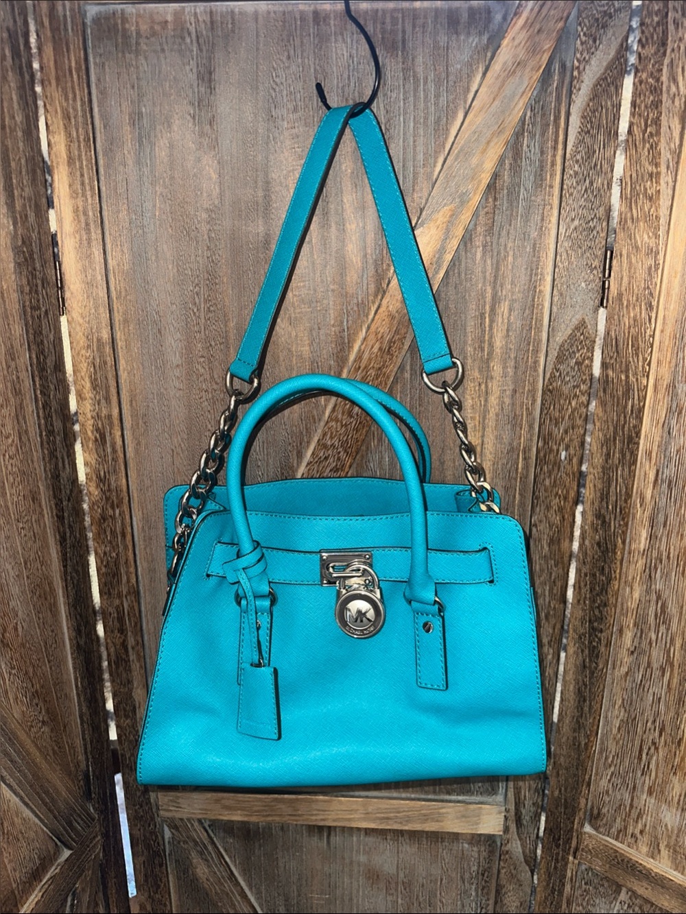 Michael Kors Turquoise Satchel Tote with Silver Padlock & Chain Shoulder Handbag - Picture 15 of 16
